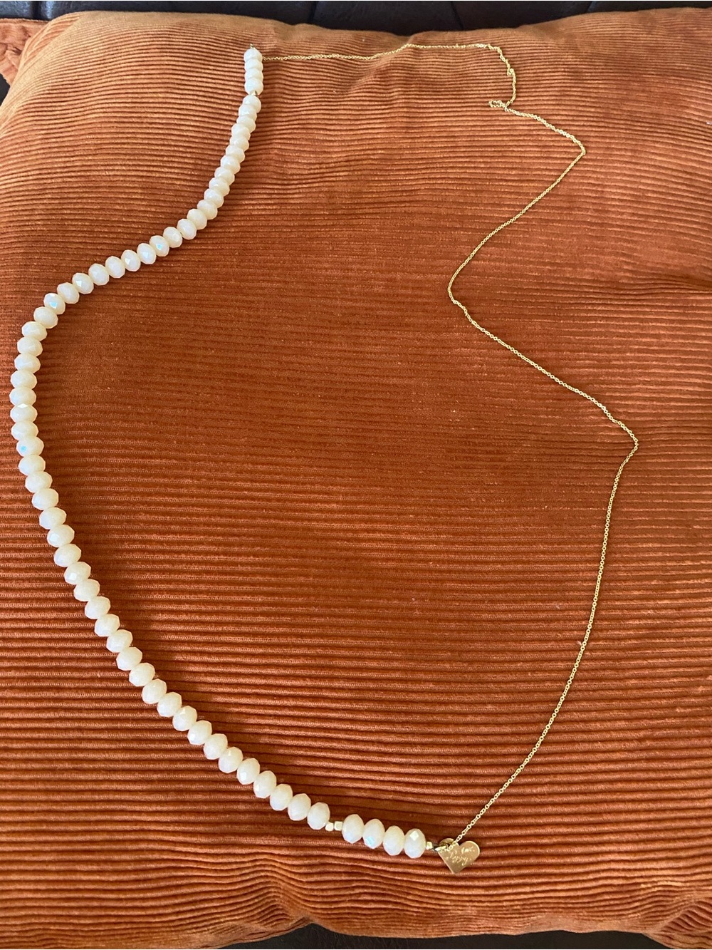 Gold Chain Necklace with White Beaded Strand and Heart Charm